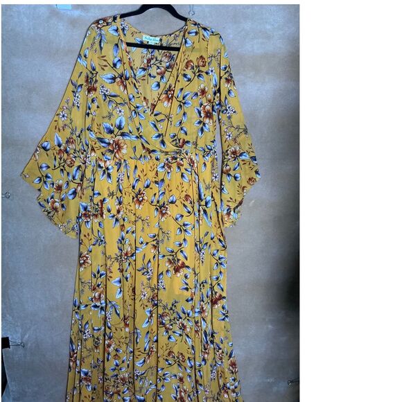 Indigo Rose Yellow Floral Maxi Dress Flutter Sleeve V Neck Wrap Belted XL - Picture 2 of 10